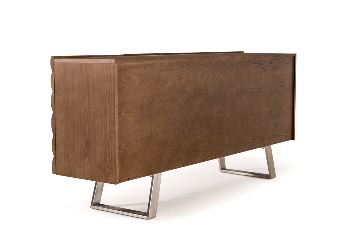 Walnut Wood Veneer and Steel Buffet, 34 in
