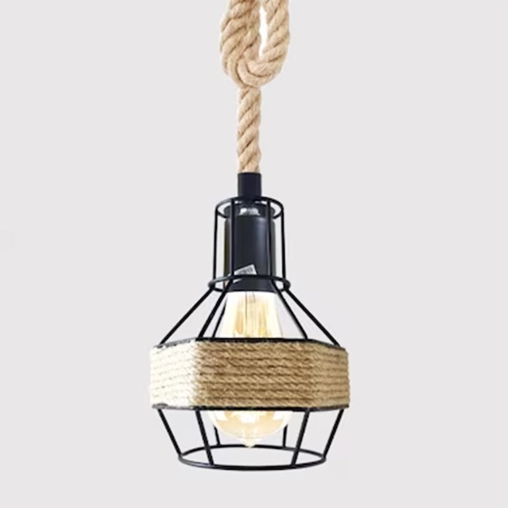 Industrial Hemp Rope Pendant Light - Black Cage E27 Lamp ~ 6203