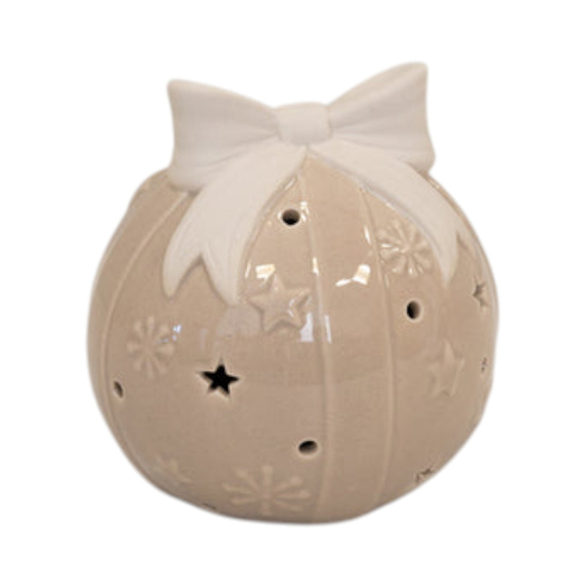 Beige LED Bauble with Bow Christmas Decoration
