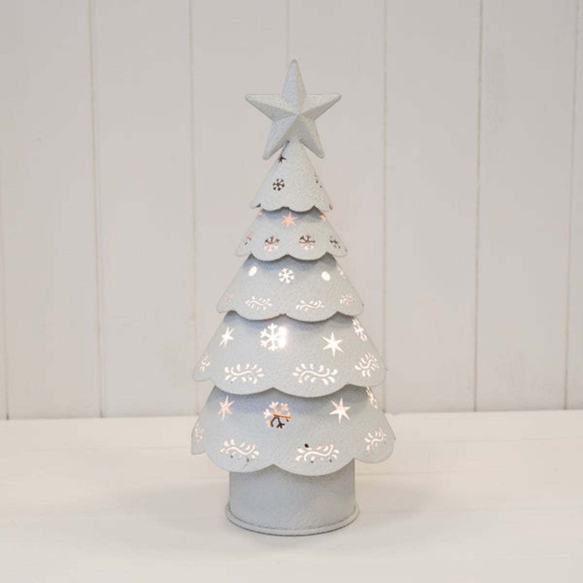 Off White Cutout Metal LED Christmas Tree 32cm