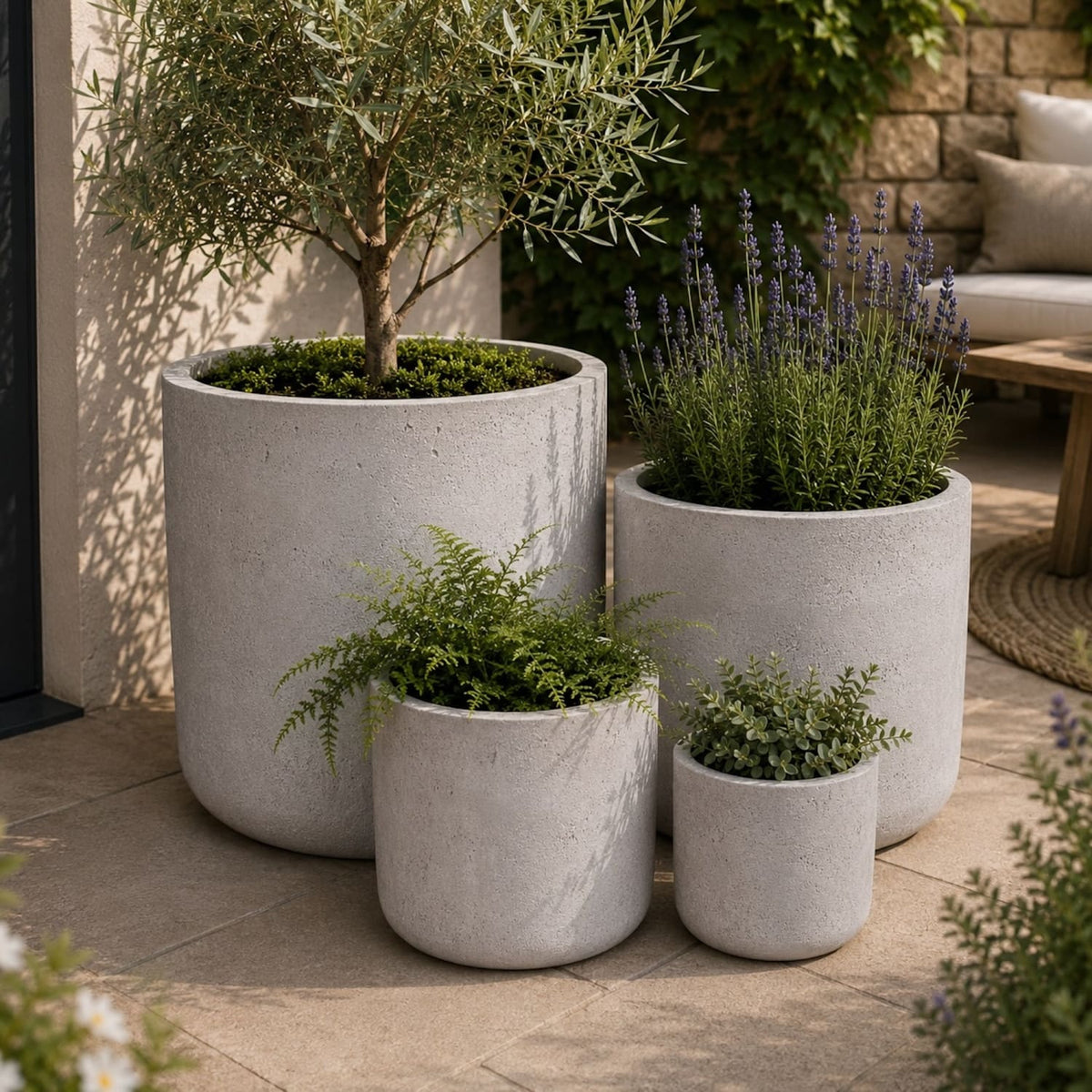 Aurella | Set Of 4 - Truffle – Concrete Cylinder Planters Set – Round Plant Pots Nest