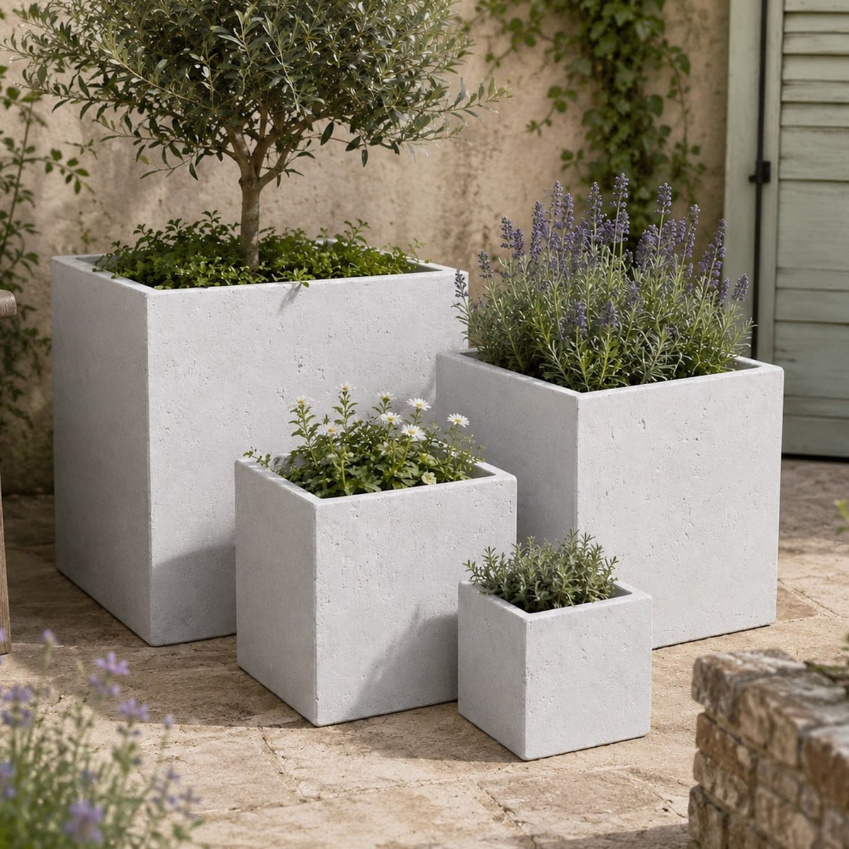 Cubrosa | Set Of 4 - White Mist – Concrete Square Planters Set – Cube Plant Pots Nest