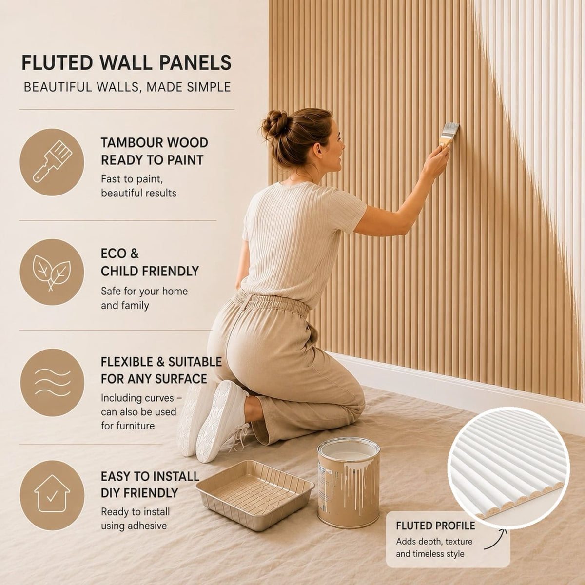 Large Fluted Wall Panels in DIY Primed - Ready To Paint - 240cm x 60cm