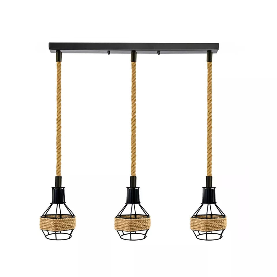 Hemp Rope Cord Pendant Light-E27 Metal Cage Hanging Lamp~5582-6