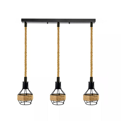 Hemp Rope Cord Pendant Light-E27 Metal Cage Hanging Lamp~5582-6