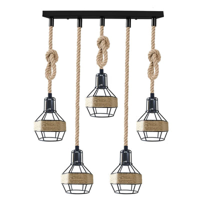Hemp Rope Cord Pendant Light-E27 Metal Cage Hanging Lamp~5582-8