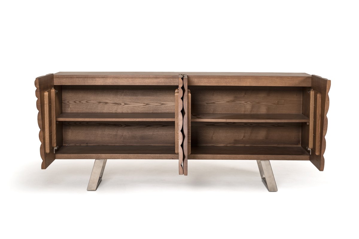 Walnut Wood Veneer and Steel Buffet, 34 in