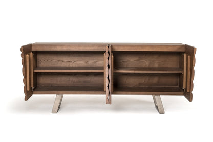 Walnut Wood Veneer and Steel Buffet, 34 in