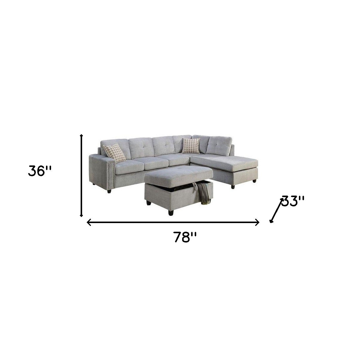 Gray Velvet Reversible Sectional Sofa, 78 in
