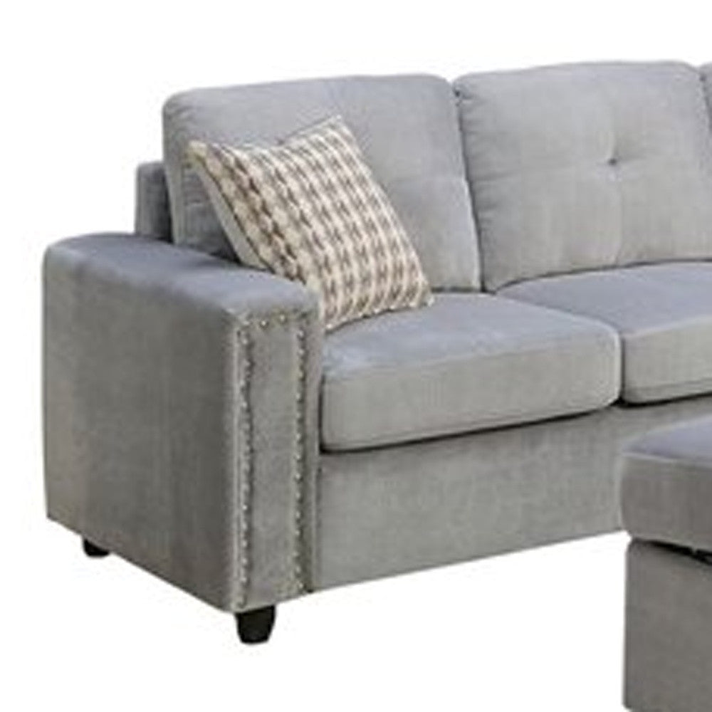 Gray Velvet Reversible Sectional Sofa, 78 in