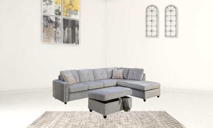 Gray Velvet Reversible Sectional Sofa, 78 in