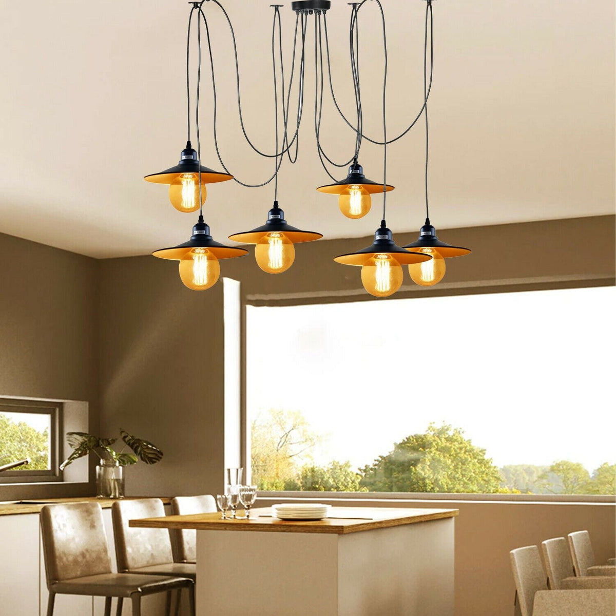 Industrial Spider Pendant Light 6 Way Multi Drop E27 Matte Black~1181