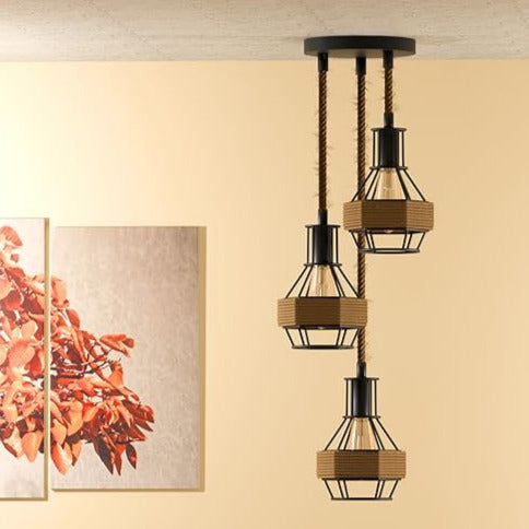 Industrial Hemp Rope Pendant Light - Black Cage  E27 Lamp ~ 6203