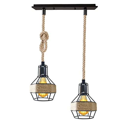 Industrial Hemp Rope Pendant Light - Black Cage  E27 Lamp ~ 6203