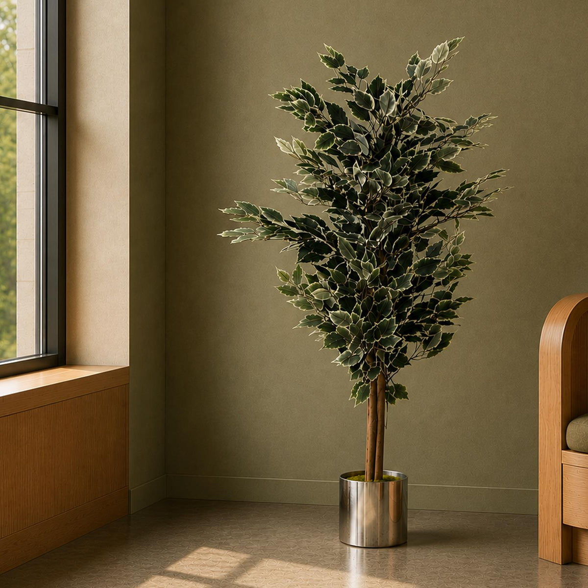 130cm Variegated White/Green Bushy Ficus Tree Silver Metal Planter - Premium Quality