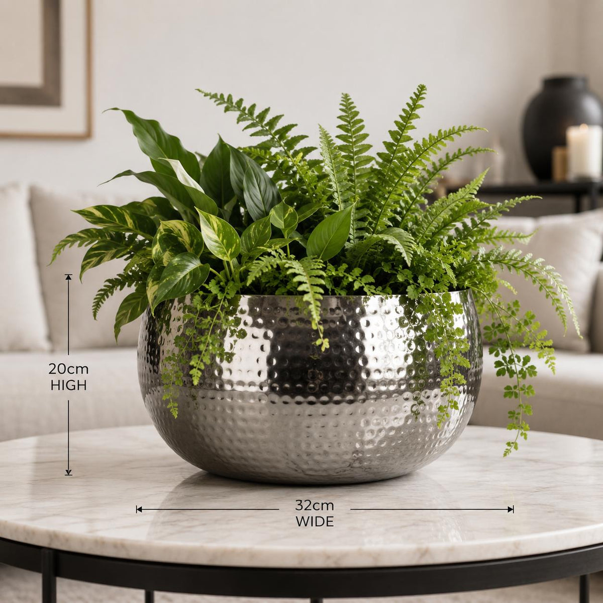 Leaf XL Metal Bowl Planter 32 x 20cm Hammered Silver Colour - Straight Edge