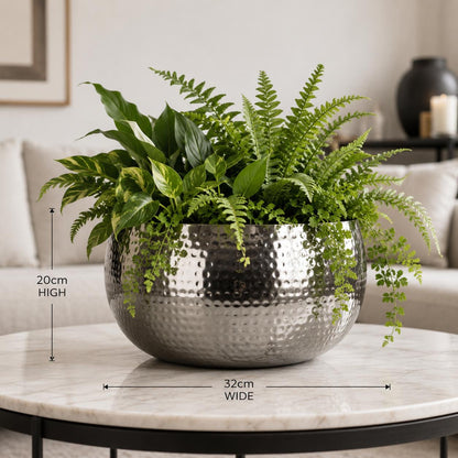 Leaf XL Metal Bowl Planter 32 x 20cm Hammered Silver Colour - Straight Edge