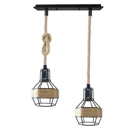 Industrial Hemp Rope Pendant Light - Black Cage  E27 Lamp ~ 6203