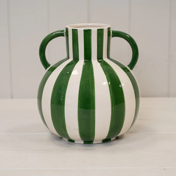 Green And White Striped Statement Vase.
