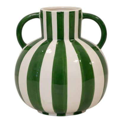 Green And White Striped Statement Vase.