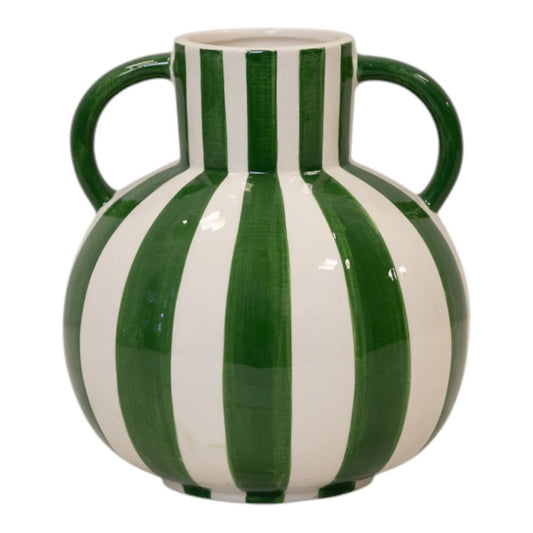 Green and White Striped Statement Vase