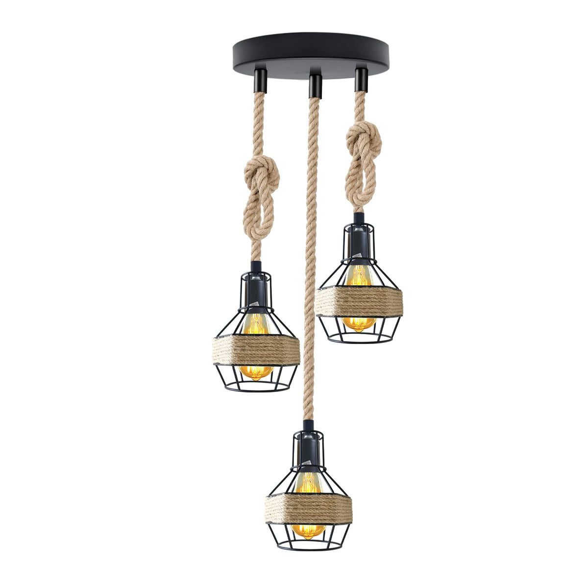 Industrial Hemp Rope Pendant Light - Black Cage  E27 Lamp ~ 6203