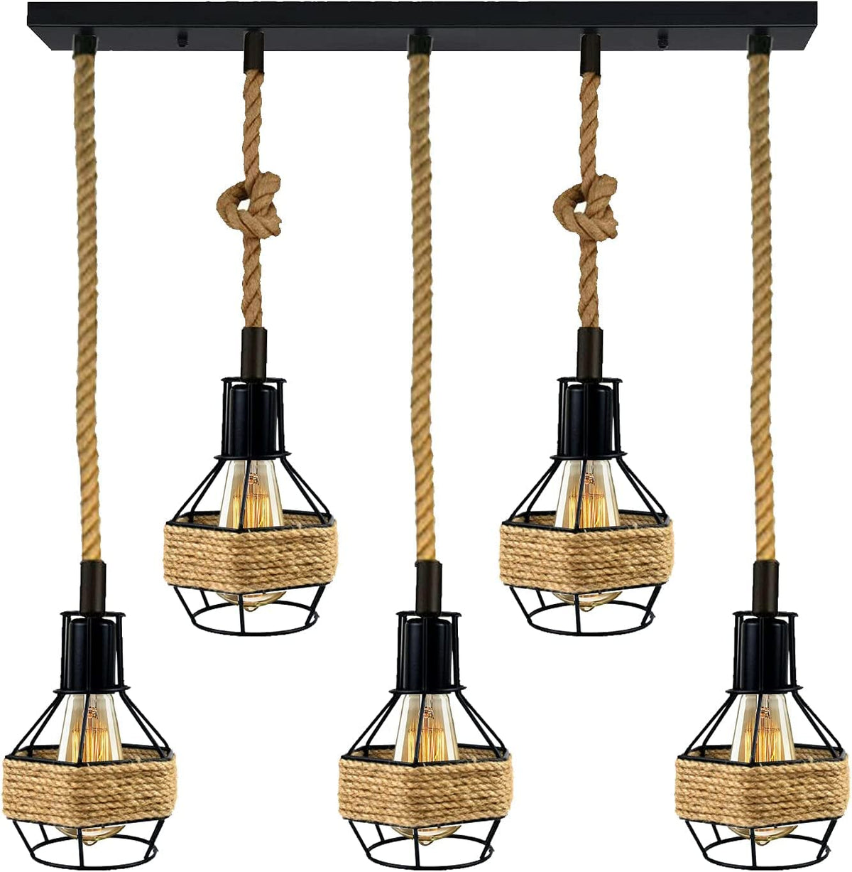Industrial Hemp Rope Pendant Light - Black Cage  E27 Lamp ~ 6203