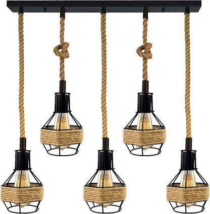 Industrial Hemp Rope Pendant Light - Black Cage  E27 Lamp ~ 6203