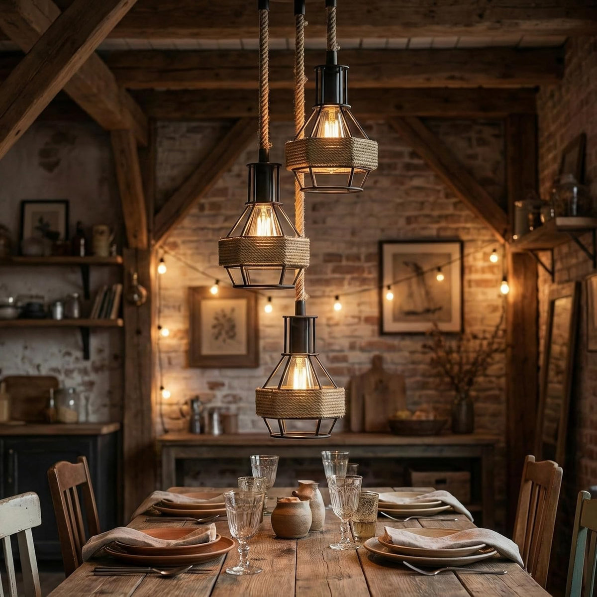Industrial Hemp Rope Pendant Light - Black Cage  E27 Lamp ~ 6203