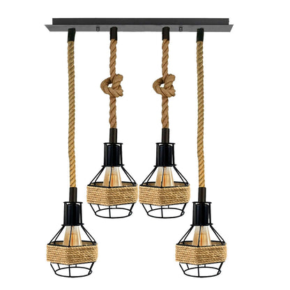 Industrial Hemp Rope Pendant Light - Black Cage  E27 Lamp ~ 6203