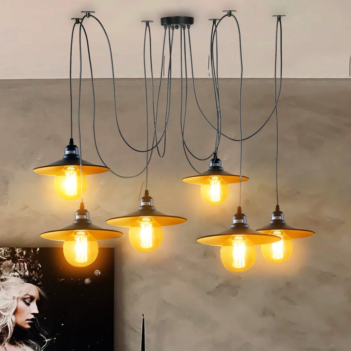 Industrial Spider Pendant Light 6 Way Multi Drop E27 Matte Black~1181