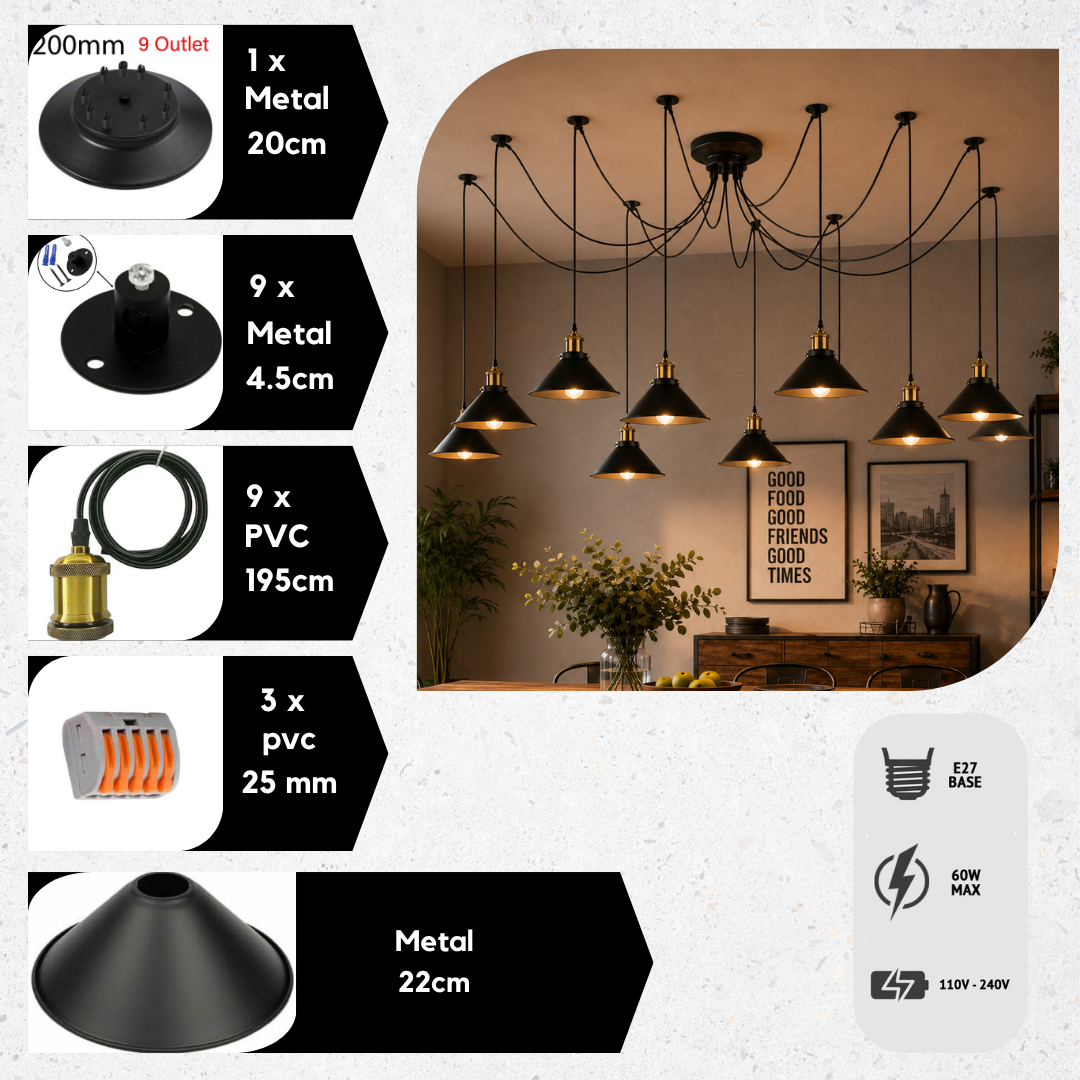 9 Light E27 2m Adjustable Hanging Industrial Ceiling Light ~6668