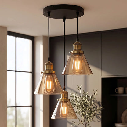 3-Way Funnel Amber Glass Cluster Pendant Light ~6950