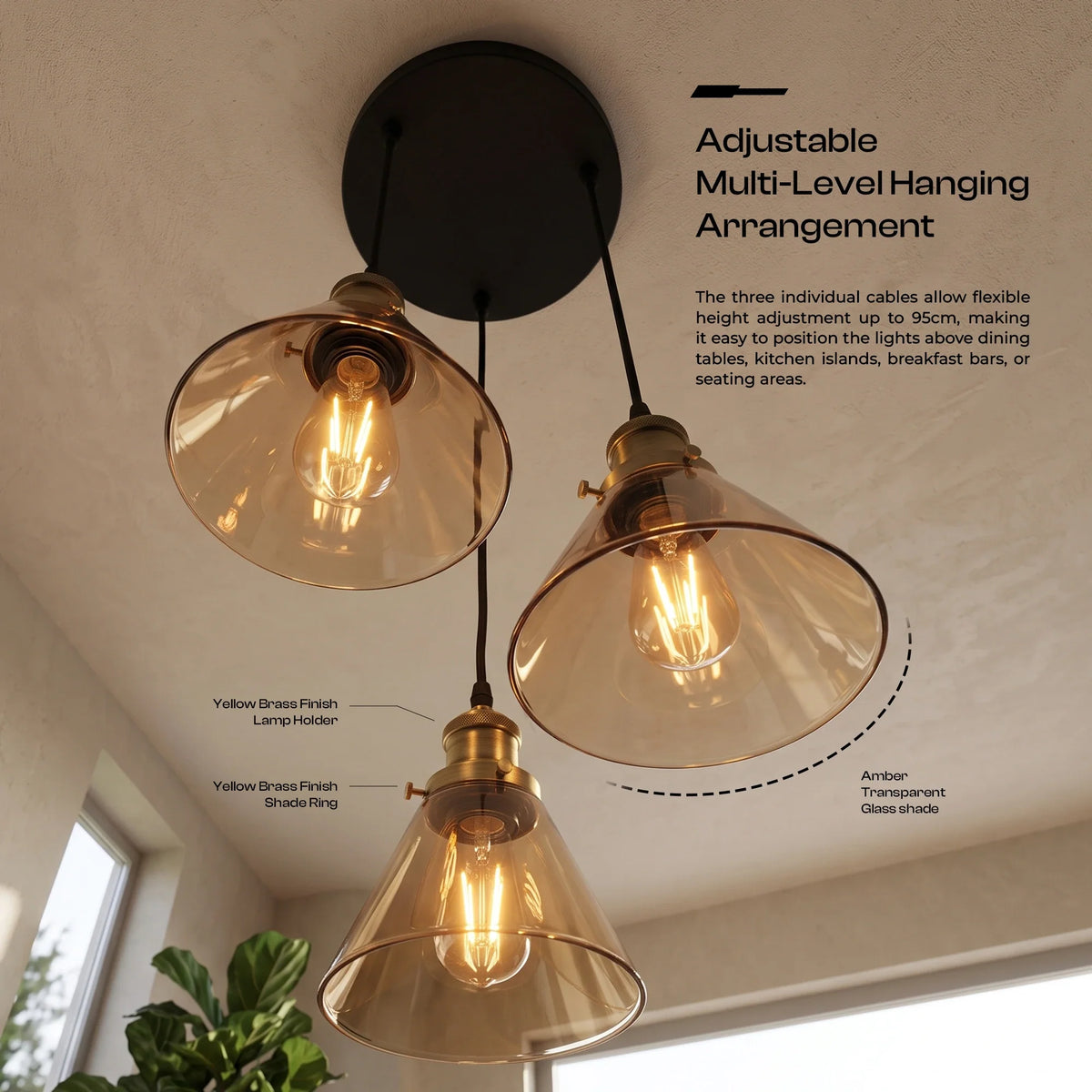 3-Way Funnel Amber Glass Cluster Pendant Light ~6950