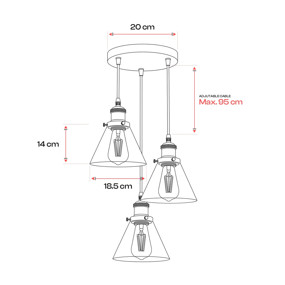 3-Way Funnel Amber Glass Cluster Pendant Light ~6950
