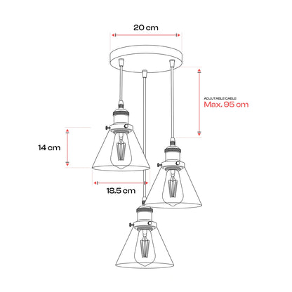 3-Way Funnel Amber Glass Cluster Pendant Light ~6950