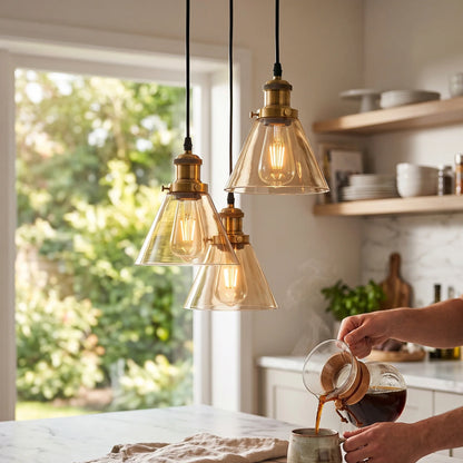 3-Way Funnel Amber Glass Cluster Pendant Light ~6950