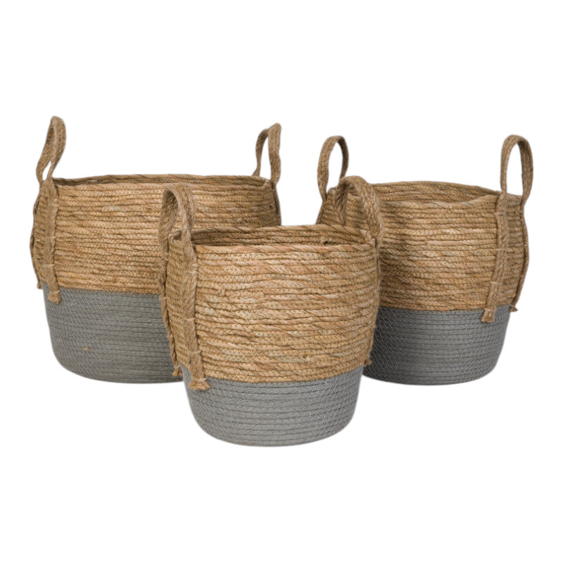 Set of 3 Straw Baskets With Grey Dipped Bottom
