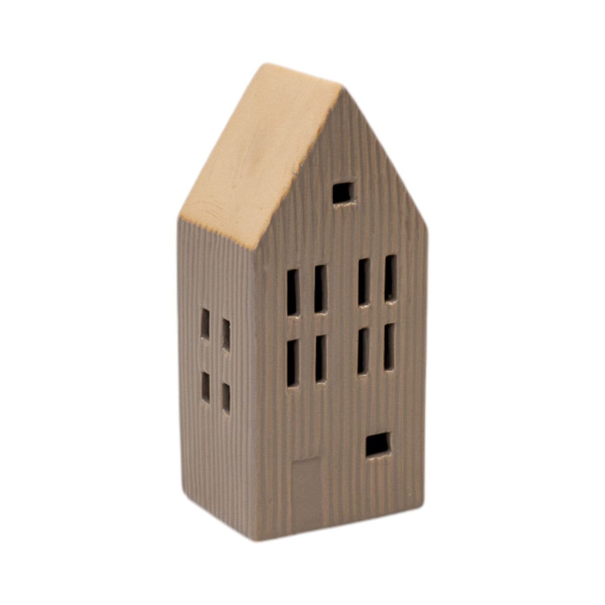 Medium Grey Ribbed Ceramic Led House With Sand Roof