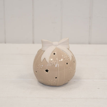 Beige LED Bauble with Bow Christmas Decoration