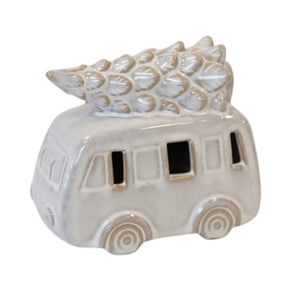 Ceramic Natural Camper Van with Christmas Tree on Roof