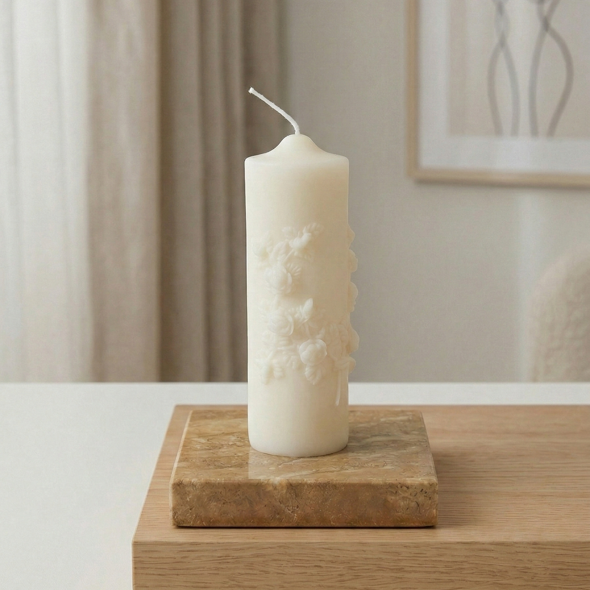 Floral Pillar Candle, Sculptural Soy Wax