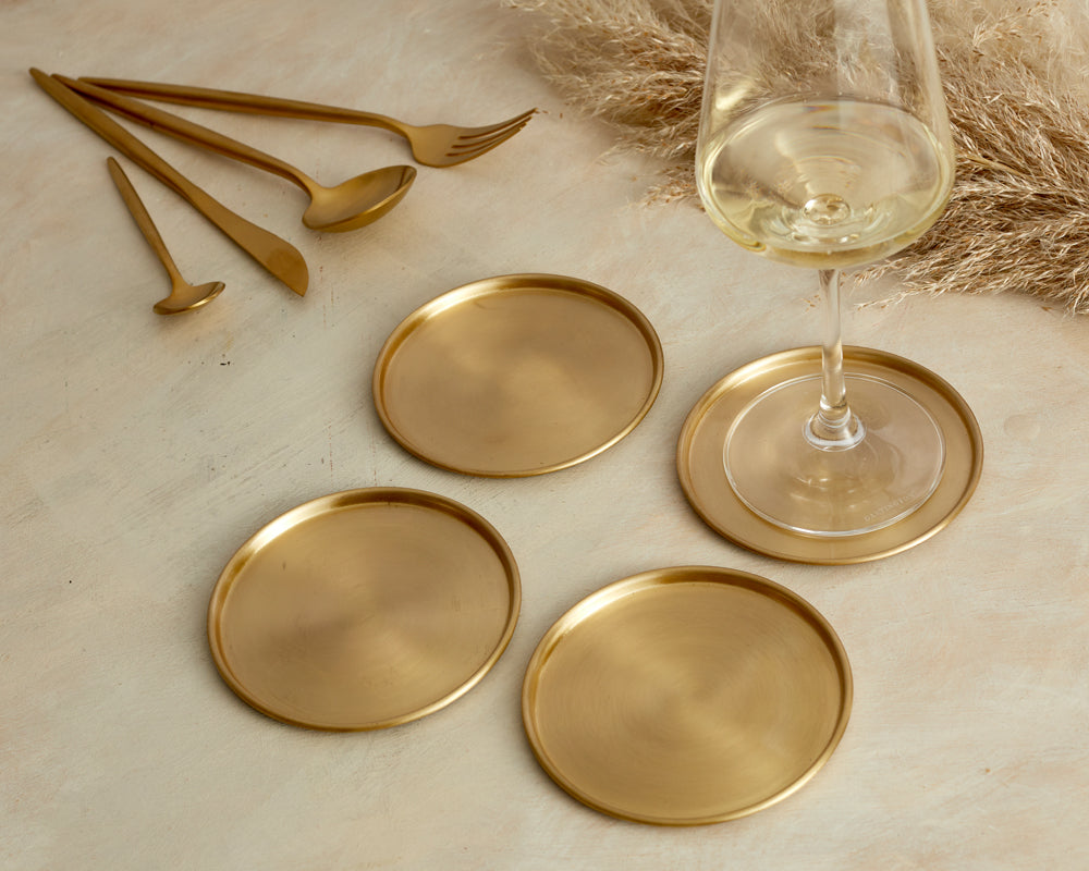 Indira Brass Coasters – Set of 4 Luxury Gold Round Drink Coasters