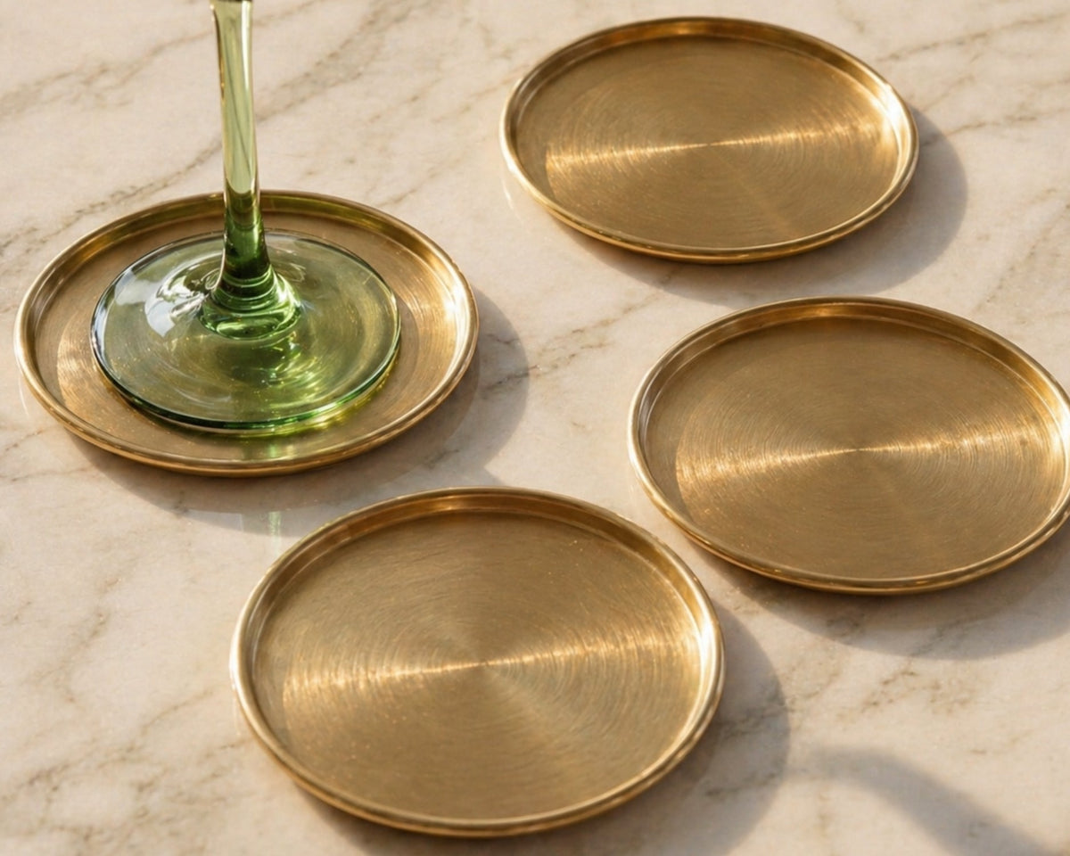 Indira Brass Coasters – Set of 4 Luxury Gold Round Drink Coasters