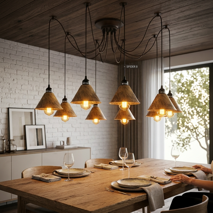 Industrial Retro 8-Arm Spider Light Fitting - Antique Brass Multi-Drop Pendant ~1131-4
