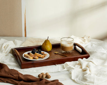 Vera Wooden Rectangular Serving Tray – Rattan Handles, Natural Wood