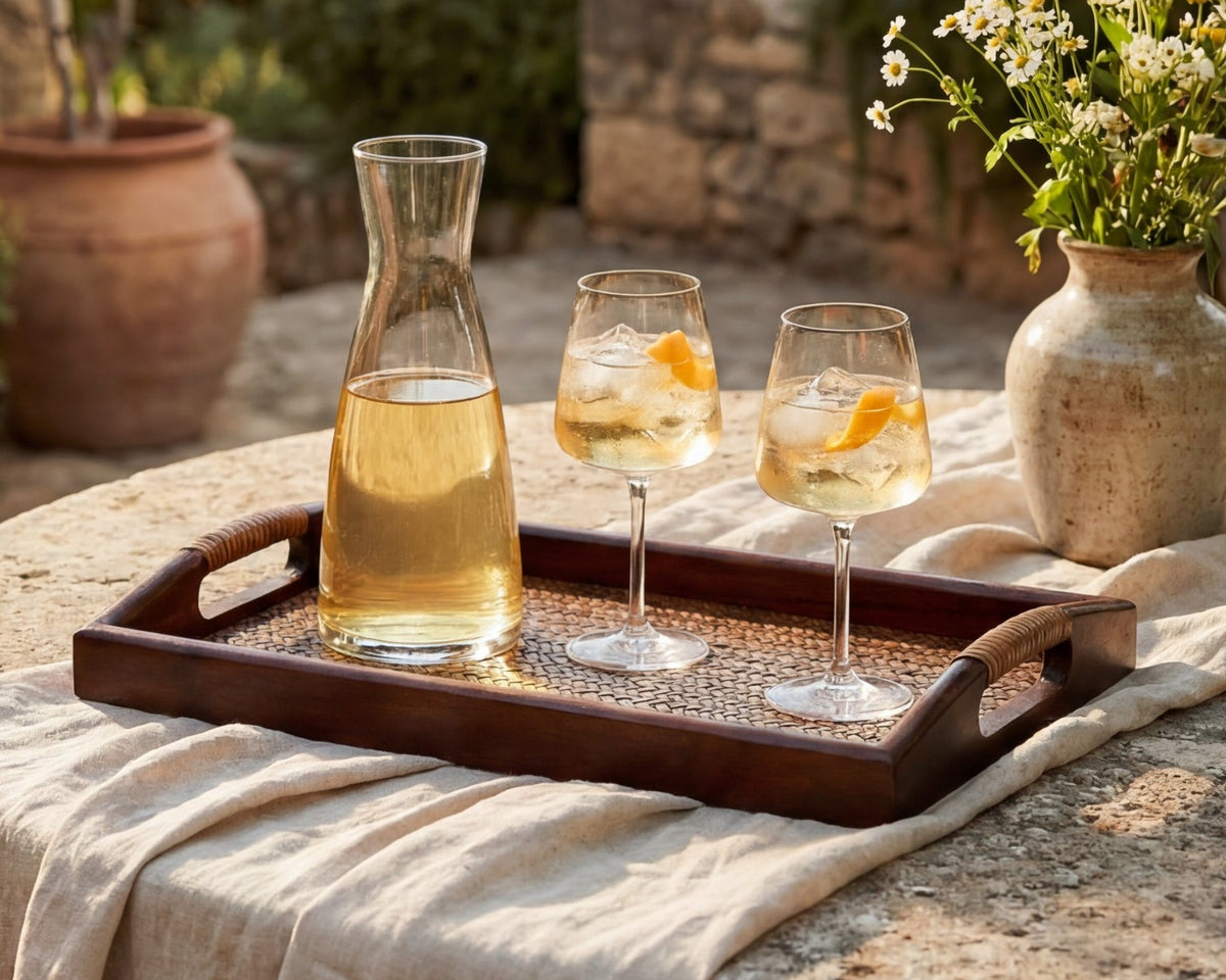 Vera Wooden Rectangular Serving Tray – Rattan Handles, Natural Wood
