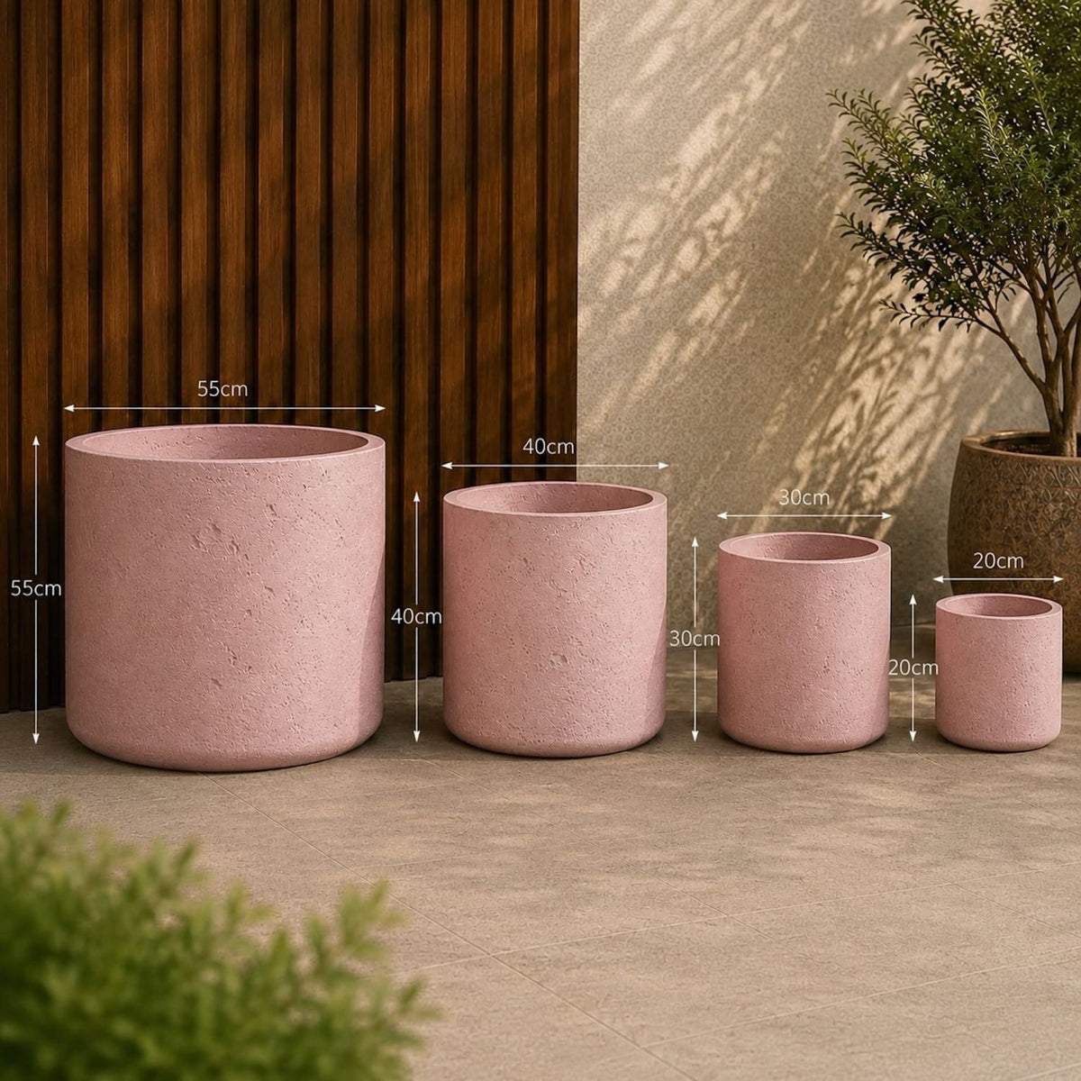 Aurella | Set Of 4 - Blushstone – Concrete Cylinder Planters Set – Round Plant Pots Nest