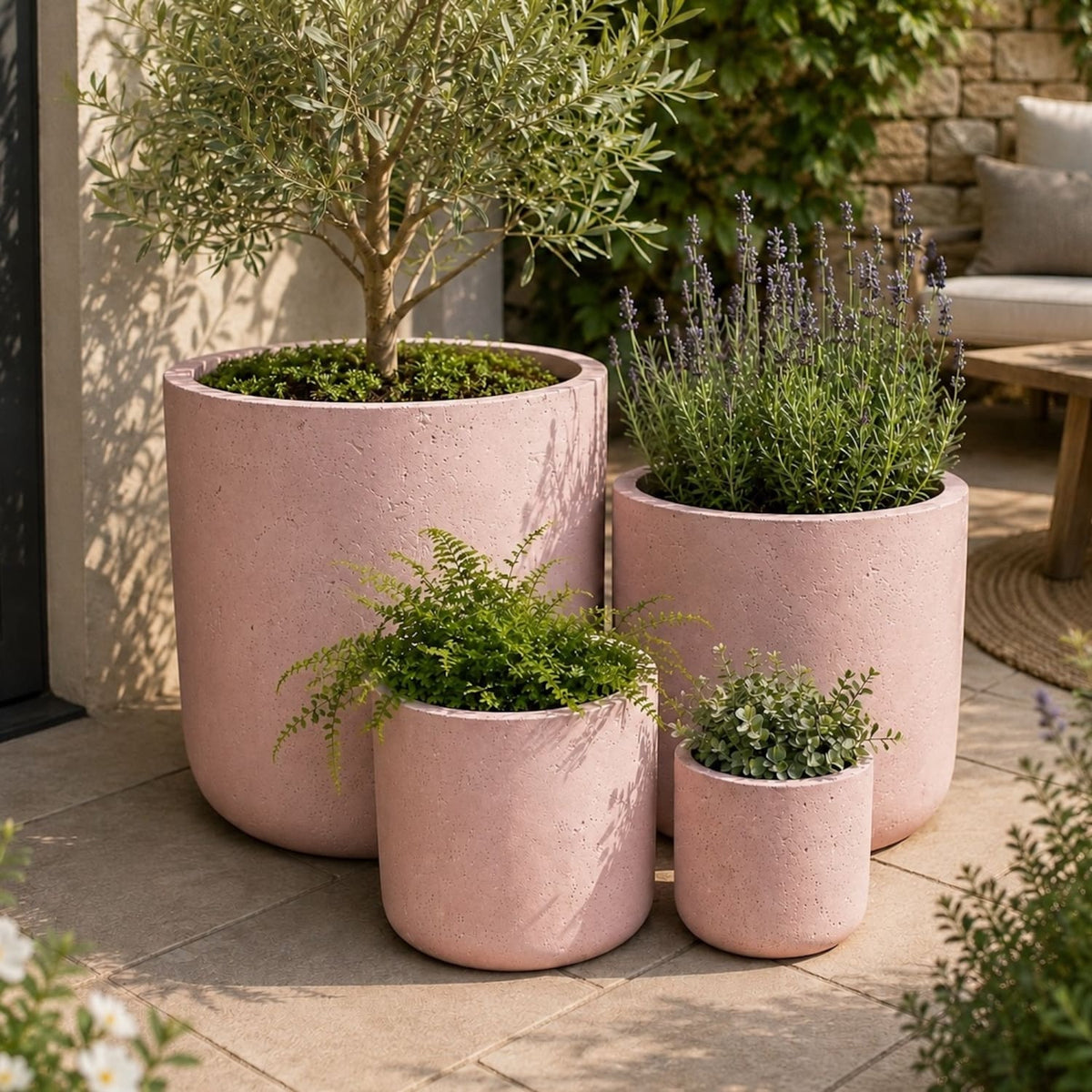 Aurella | Set Of 4 - Blushstone – Concrete Cylinder Planters Set – Round Plant Pots Nest