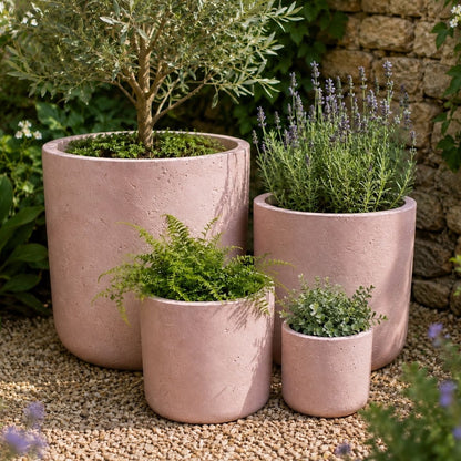 Aurella | Set Of 4 - Blushstone – Concrete Cylinder Planters Set – Round Plant Pots Nest